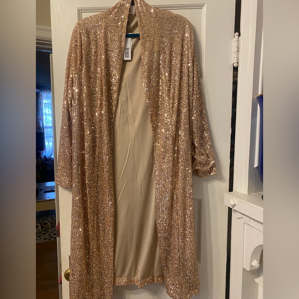Rose Gold sequin duster, BB Daktota and Steve Madden